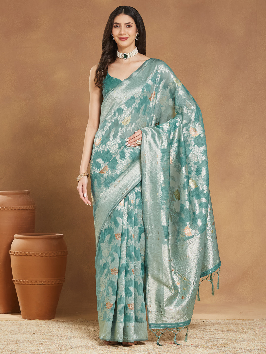 Janasya Sea Green Linen Blend Floral Jacquard Grab2Buy 