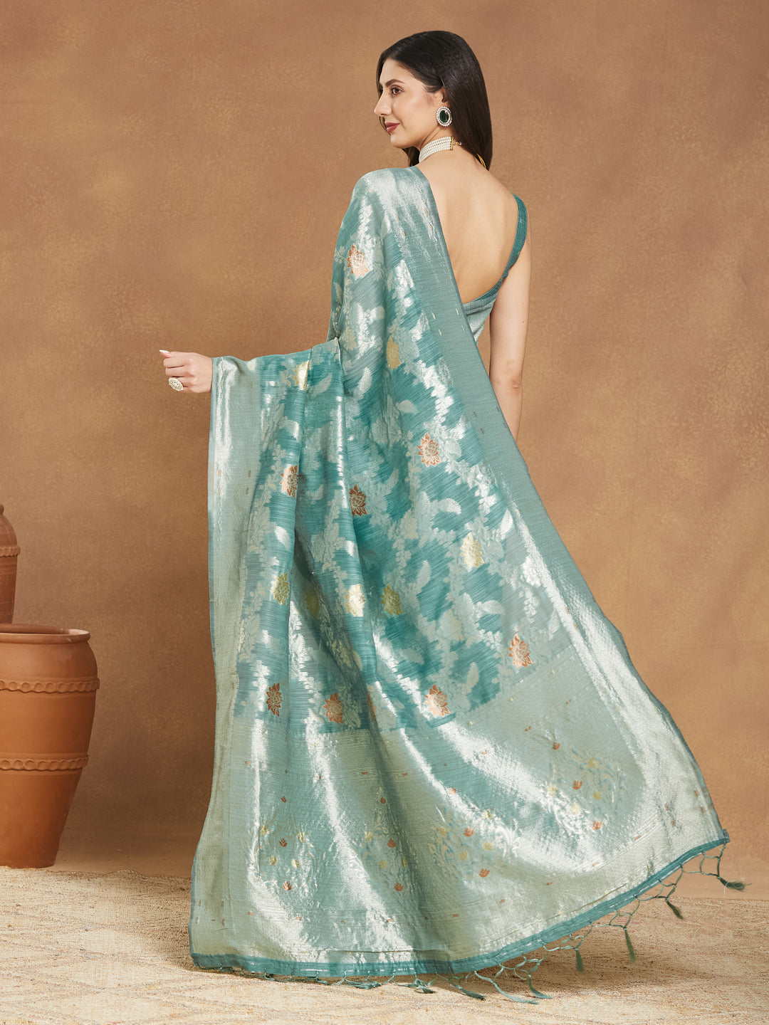 Janasya Sea Green Linen Blend Floral Jacquard Grab2Buy 