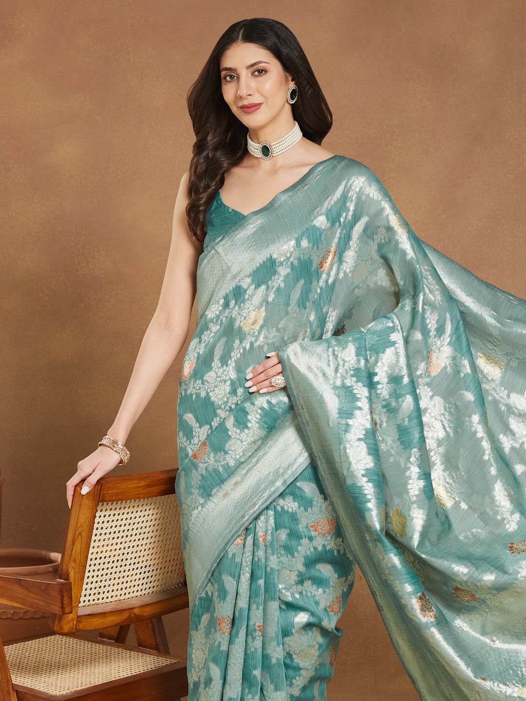 Janasya Sea Green Linen Blend Floral Jacquard Grab2Buy 