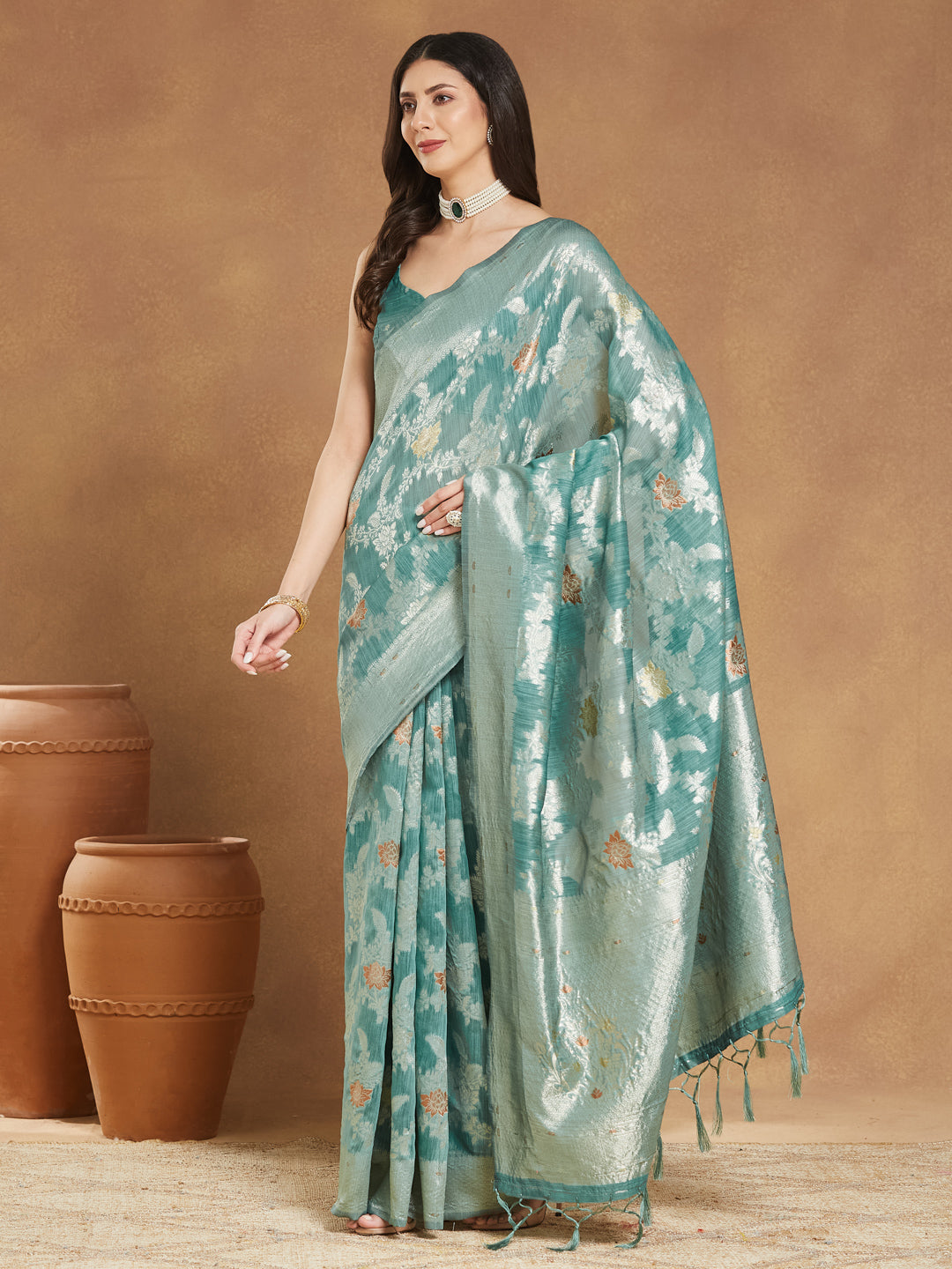Janasya Sea Green Linen Blend Floral Jacquard Grab2Buy 