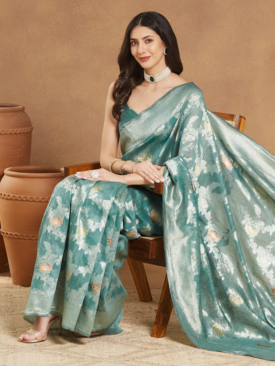 Janasya Sea Green Linen Blend Floral Jacquard Grab2Buy 
