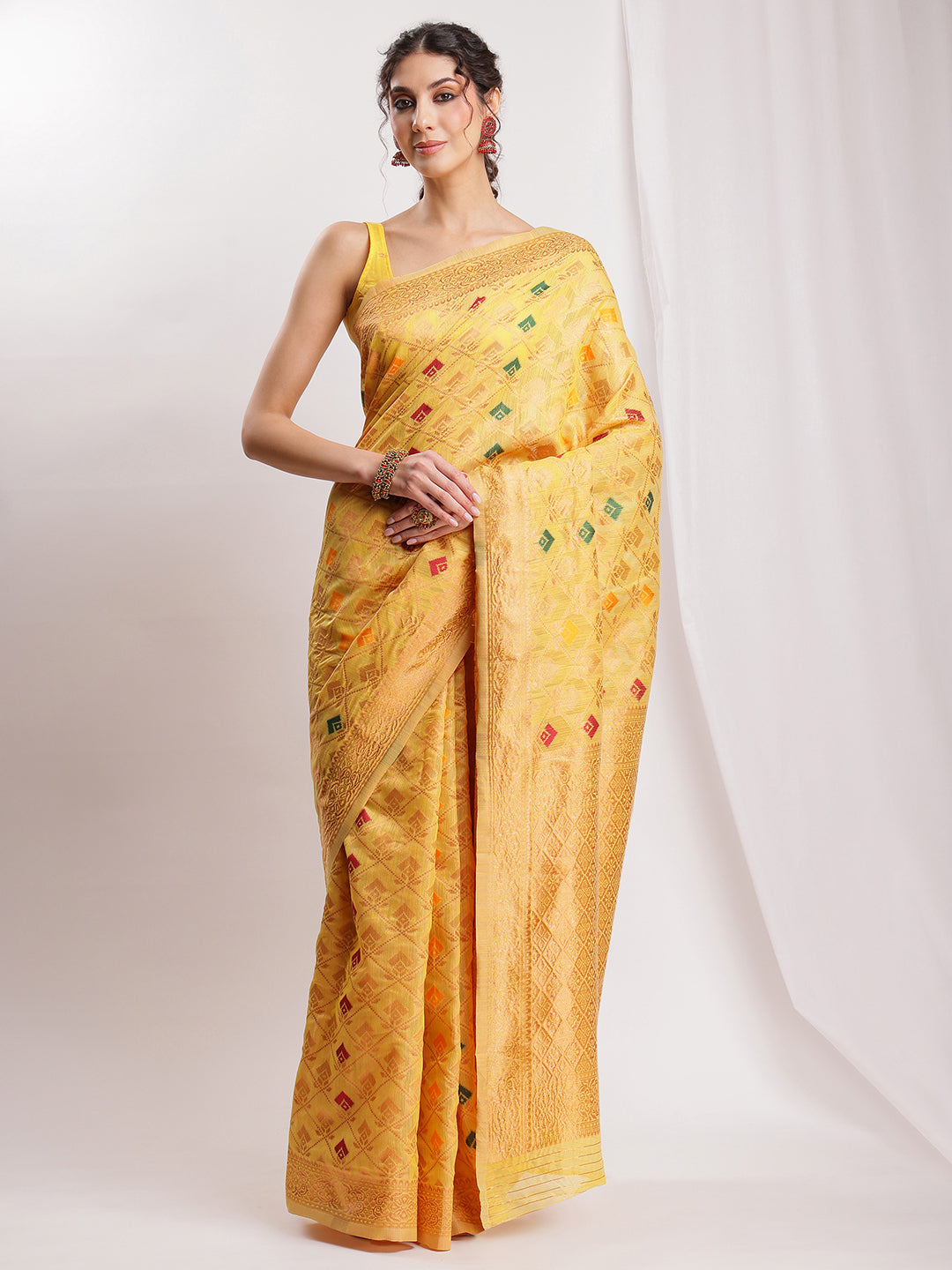 Janasya Yellow Linen Blend Geometric Jacquard Grab2Buy 