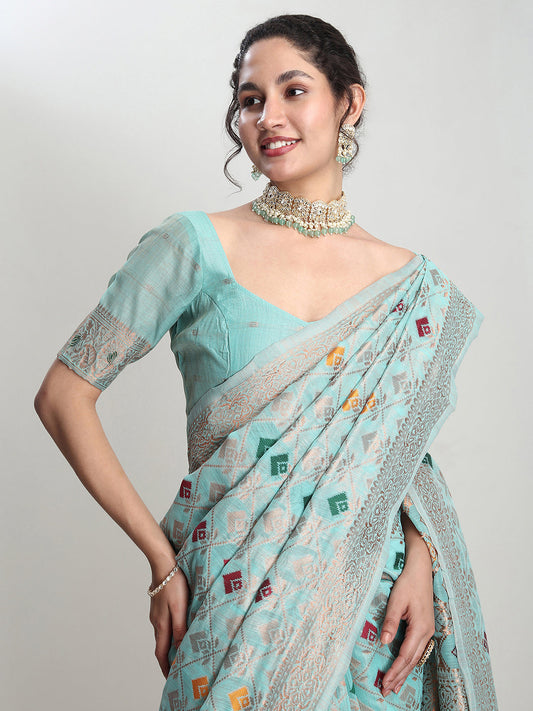 Janasya Sea Green Linen Blend Geometric Jacquard Grab2Buy 