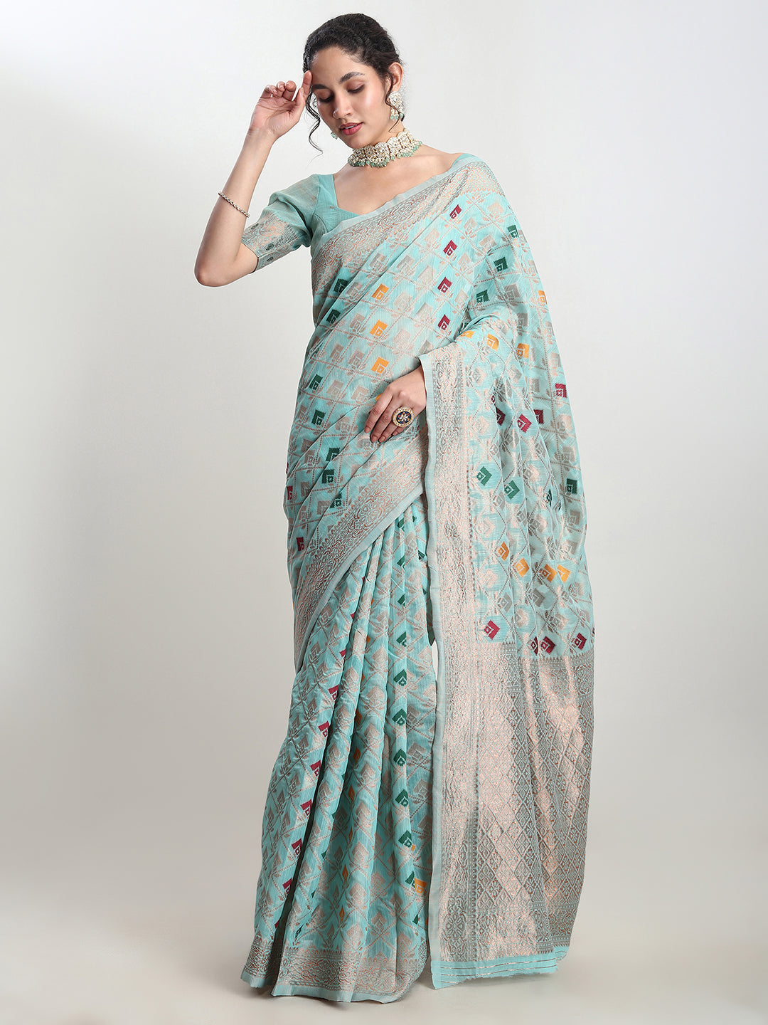 Janasya Sea Green Linen Blend Geometric Jacquard Grab2Buy 