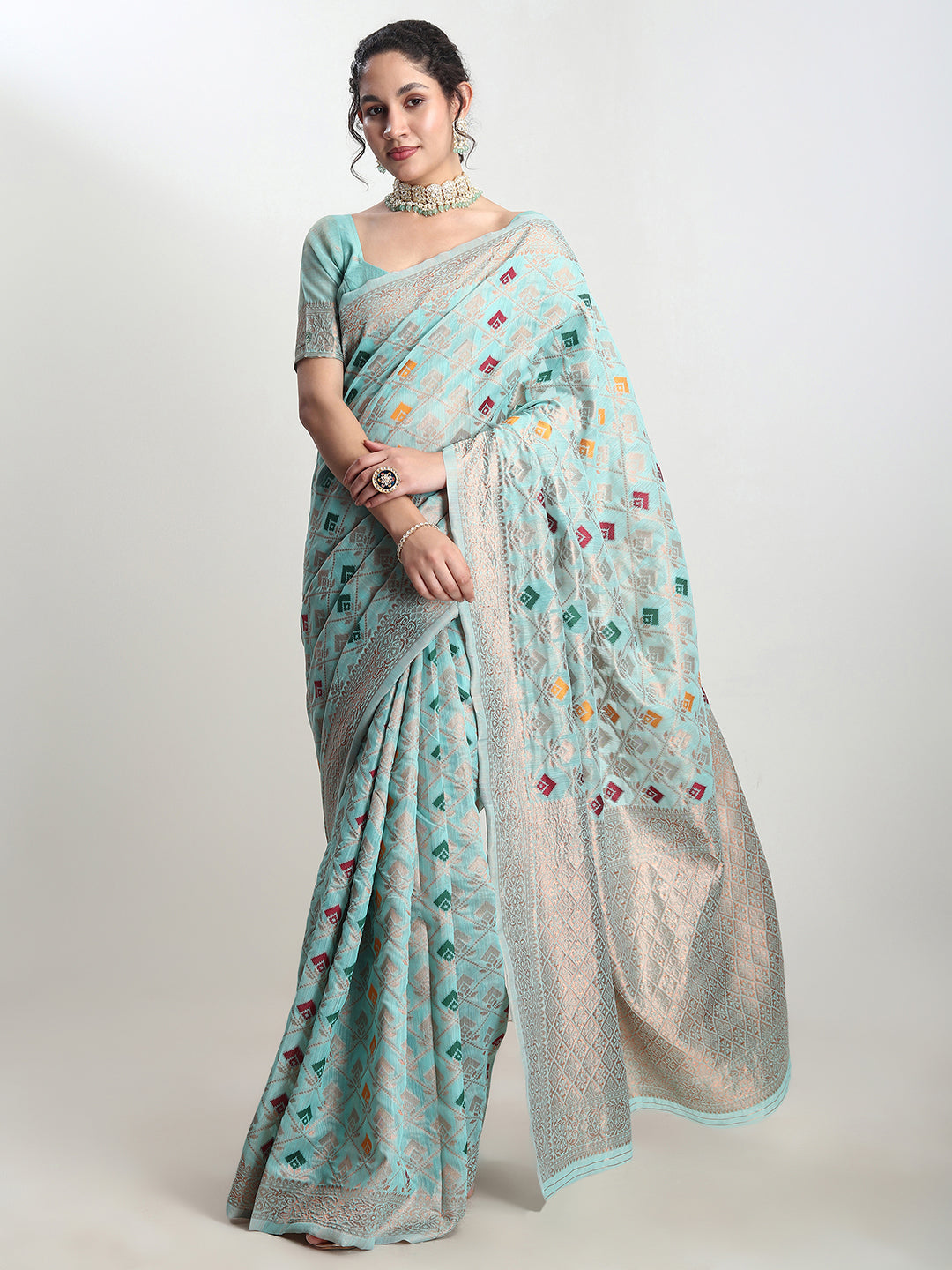 Janasya Sea Green Linen Blend Geometric Jacquard Grab2Buy 