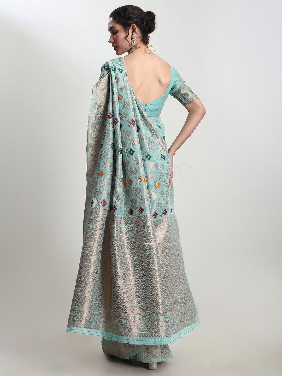 Janasya Sea Green Linen Blend Geometric Jacquard Grab2Buy 
