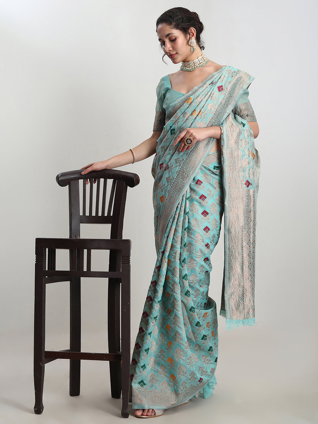 Janasya Sea Green Linen Blend Geometric Jacquard Grab2Buy 