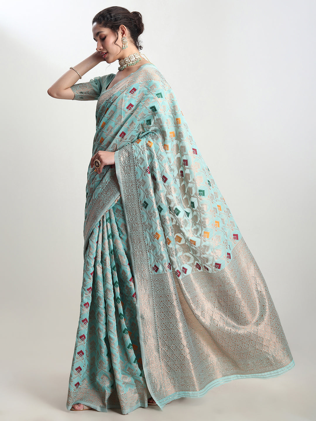 Janasya Sea Green Linen Blend Geometric Jacquard Grab2Buy 