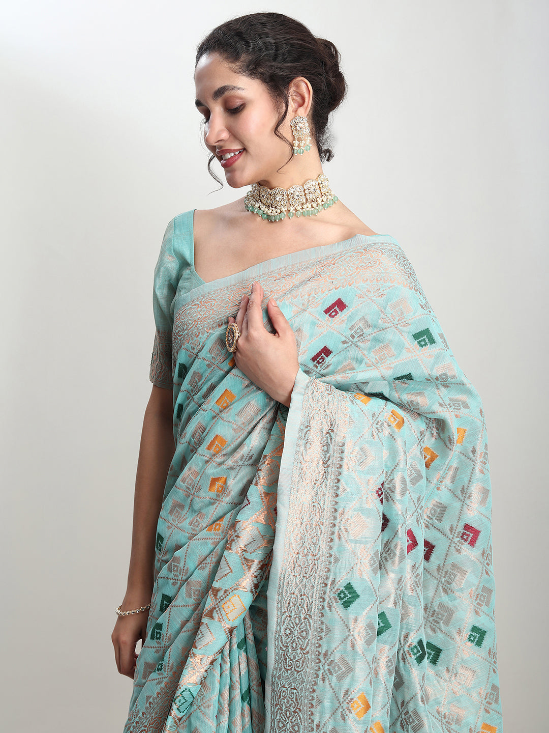 Janasya Sea Green Linen Blend Geometric Jacquard Grab2Buy 