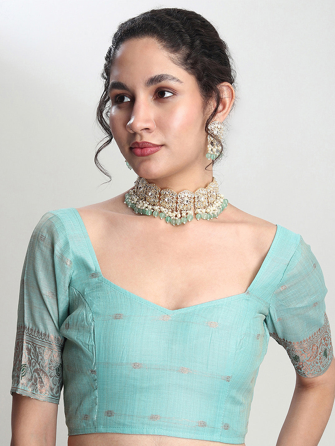 Janasya Sea Green Linen Blend Geometric Jacquard Grab2Buy 