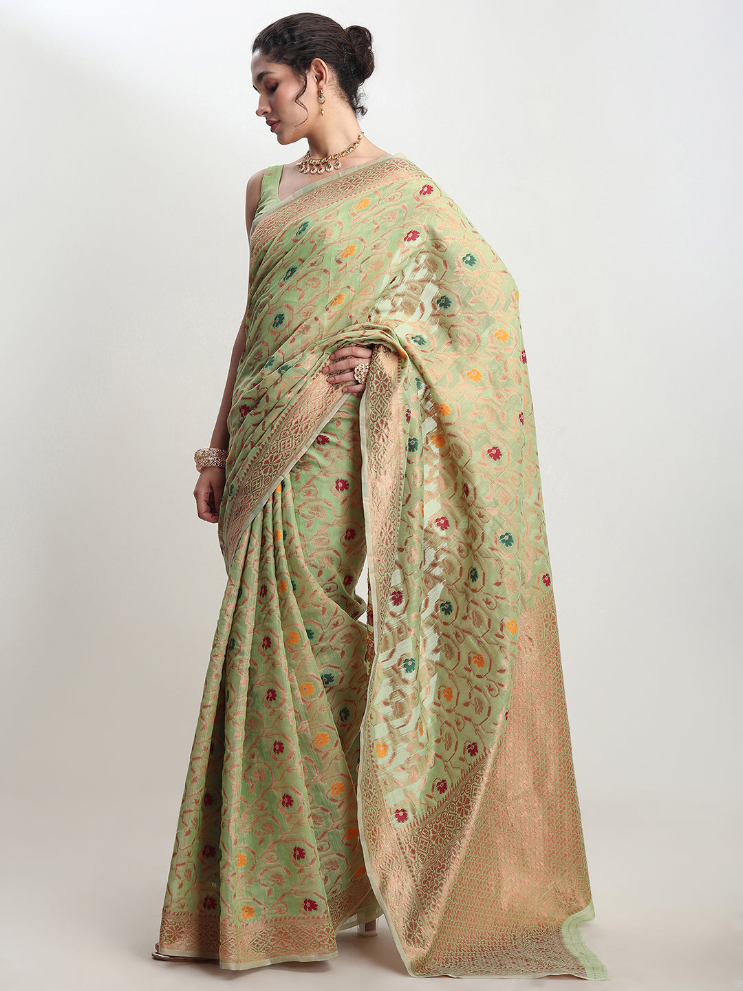 Janasya Light Green Linen Blend Floral Jacquard Grab2Buy 