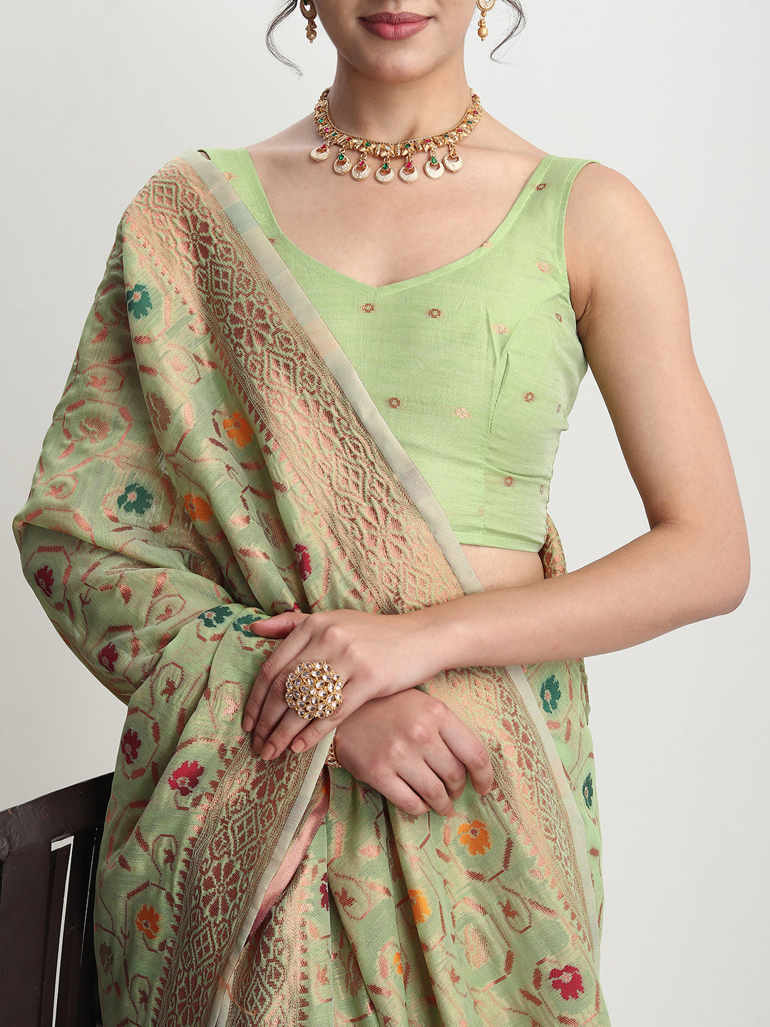 Janasya Light Green Linen Blend Floral Jacquard Grab2Buy 