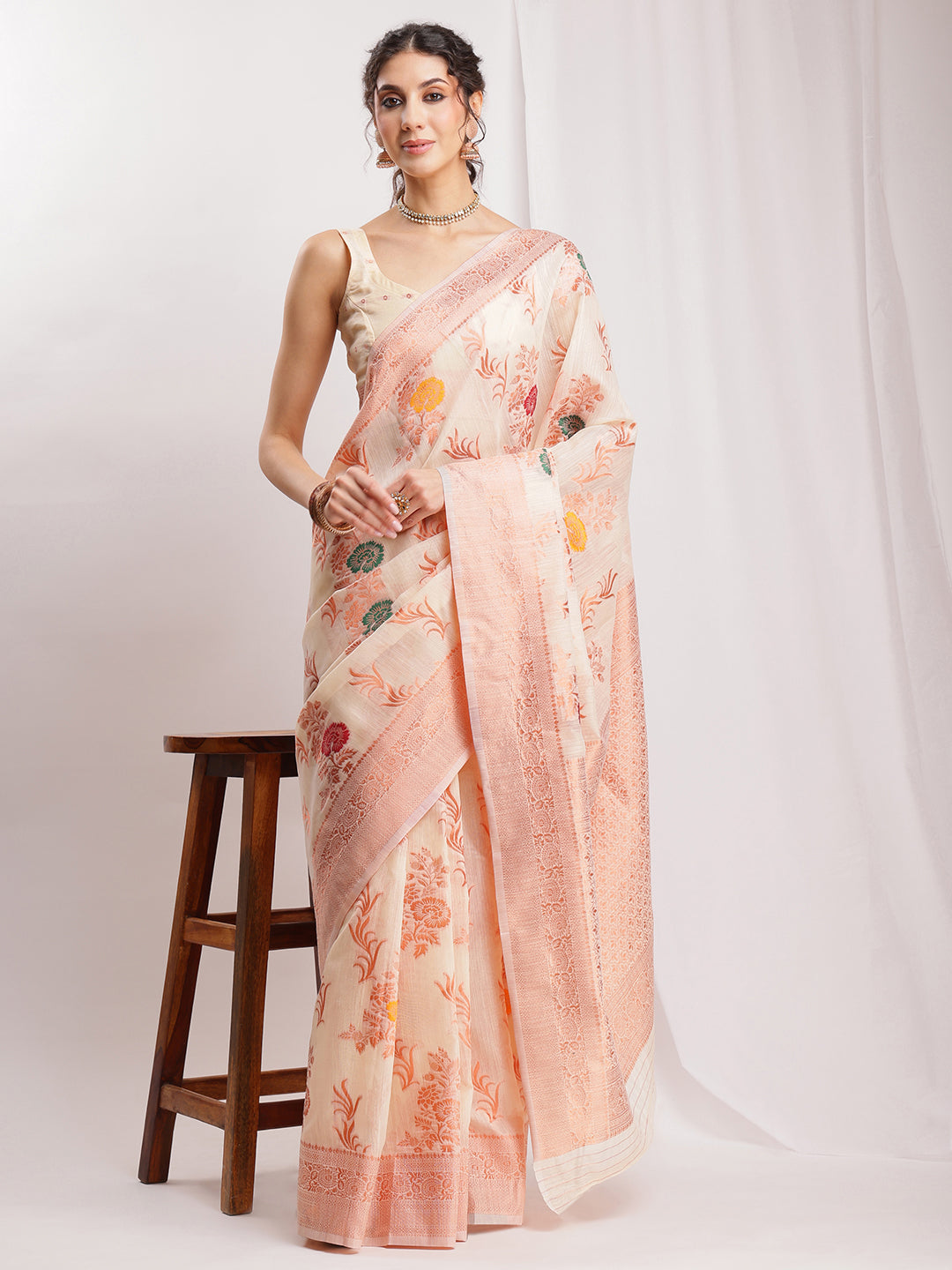 Janasya Orange Linen Blend Floral Jacquard Grab2Buy 