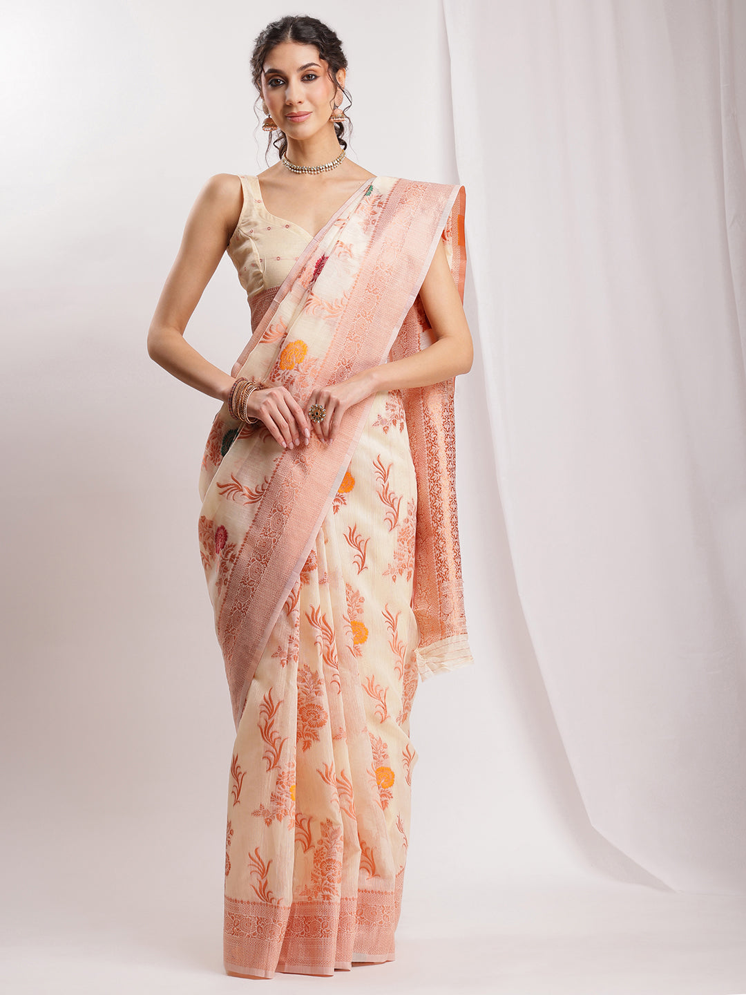Janasya Orange Linen Blend Floral Jacquard Grab2Buy 