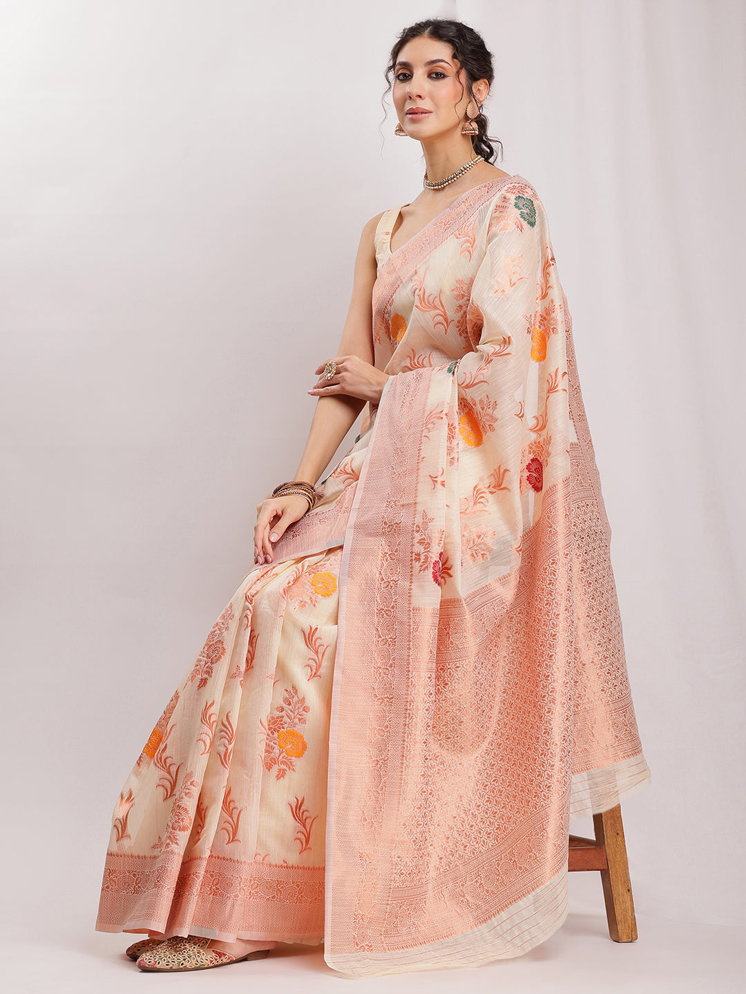 Janasya Orange Linen Blend Floral Jacquard Grab2Buy 