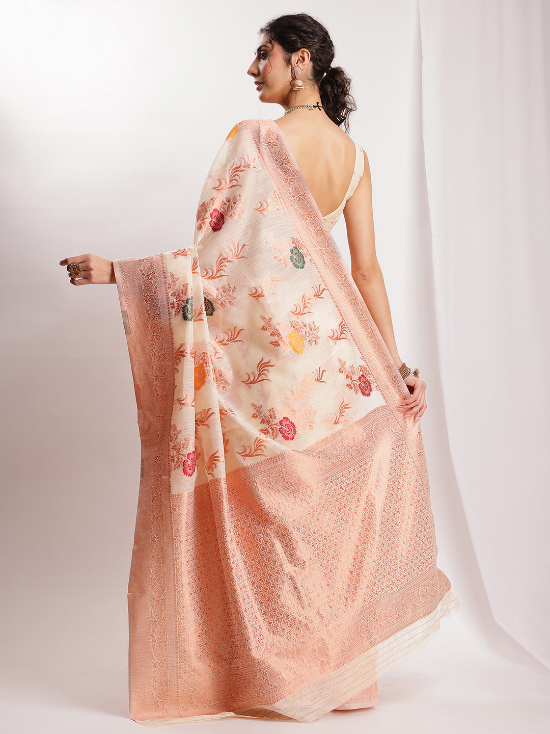 Janasya Orange Linen Blend Floral Jacquard Grab2Buy 