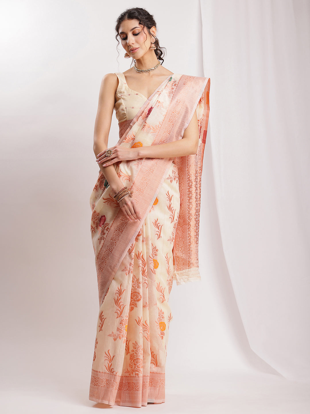 Janasya Orange Linen Blend Floral Jacquard Grab2Buy 