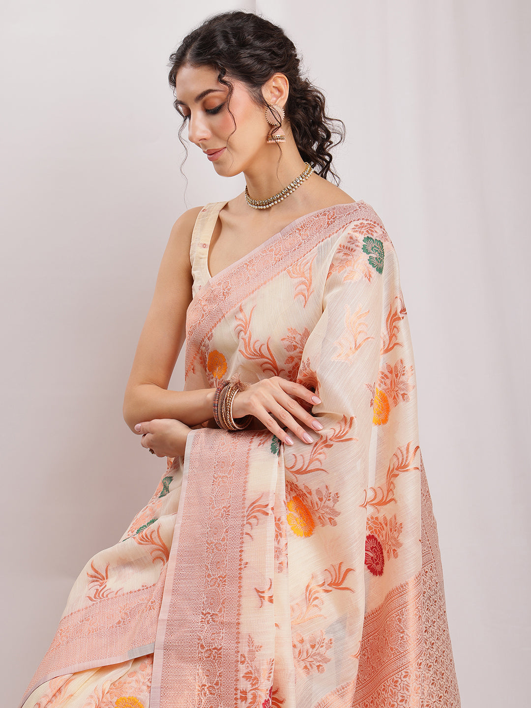 Janasya Orange Linen Blend Floral Jacquard Grab2Buy 