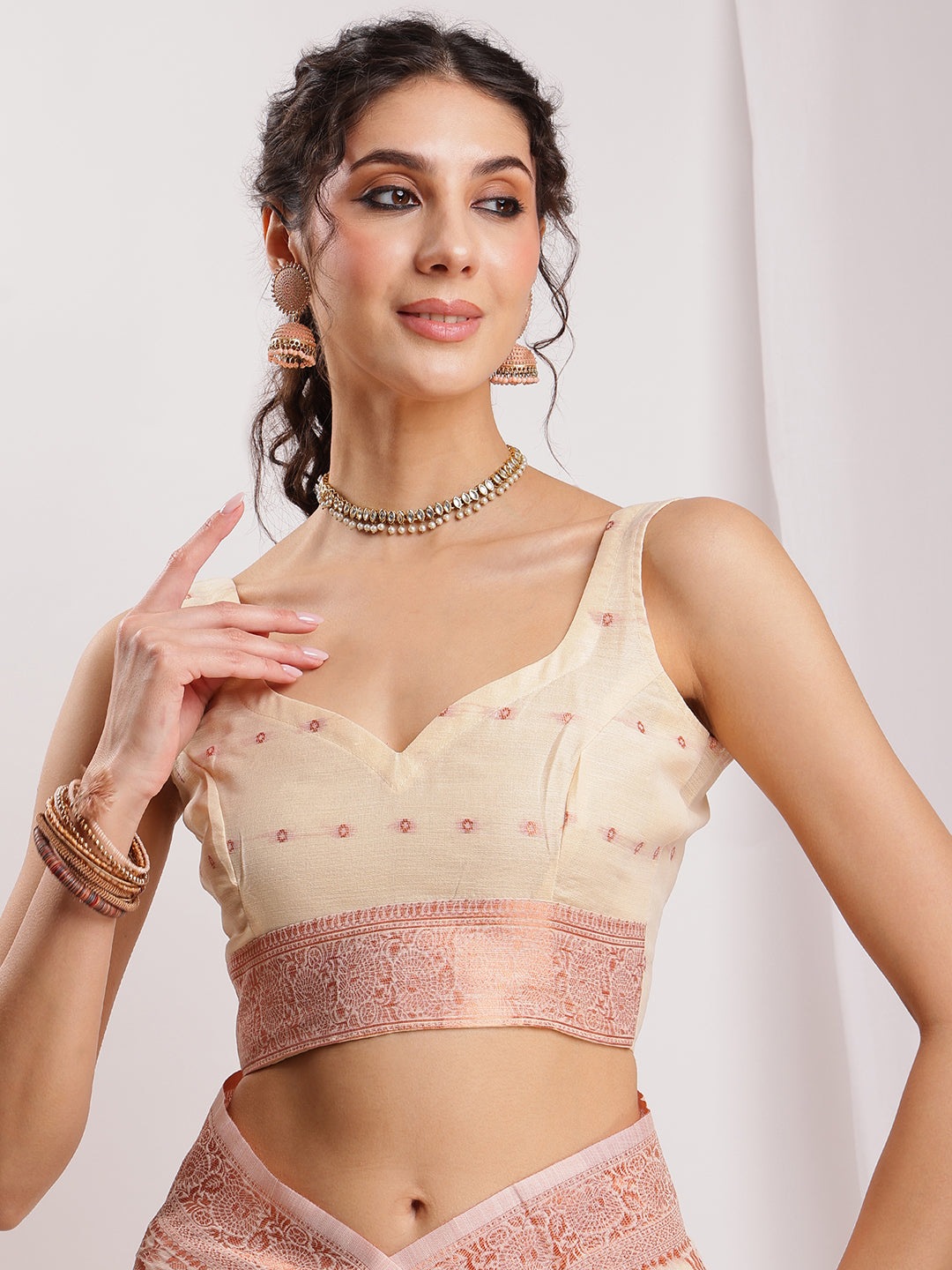 Janasya Orange Linen Blend Floral Jacquard Grab2Buy 