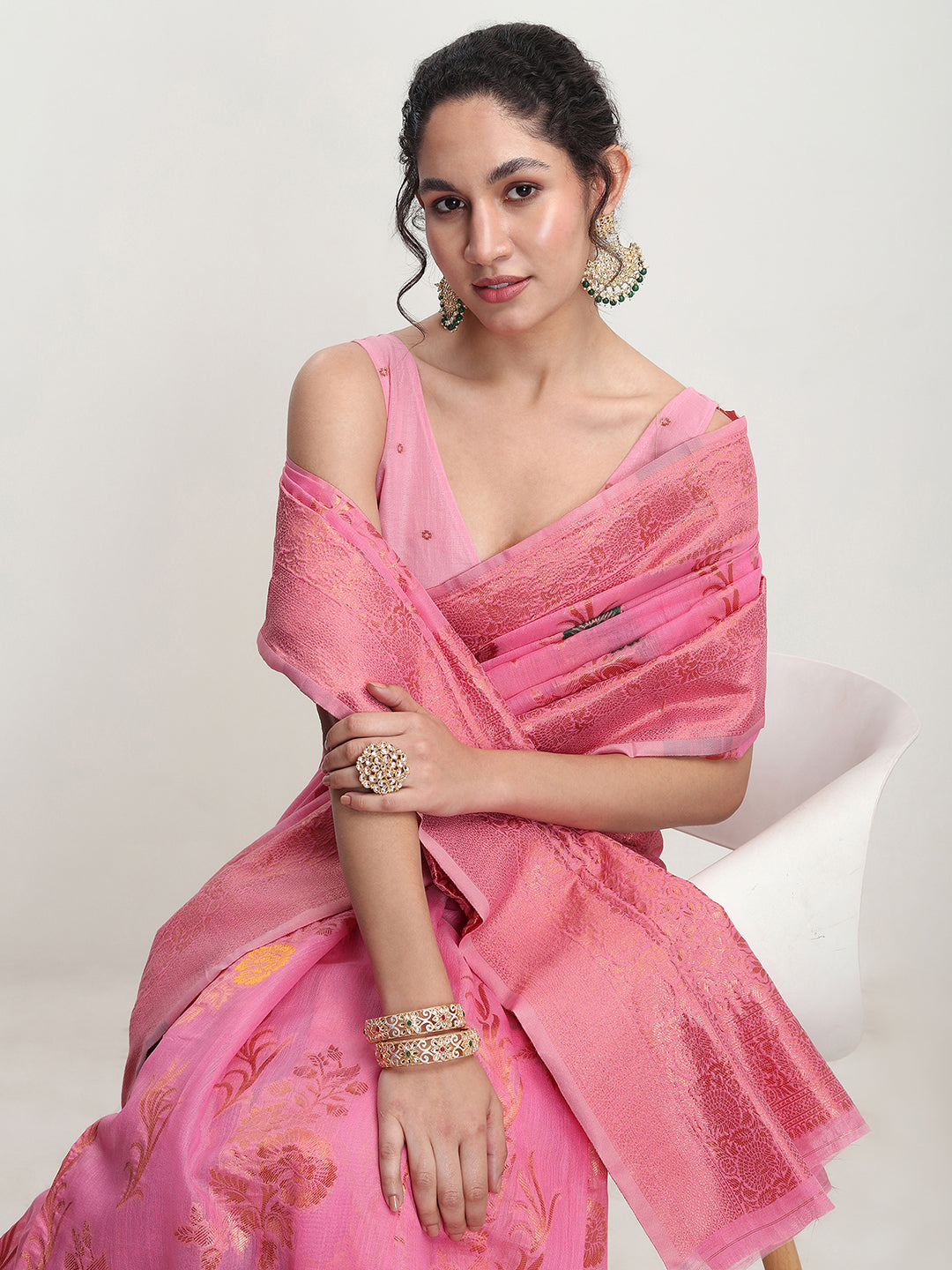 Janasya Pink Linen Blend Floral Jacquard Grab2Buy 