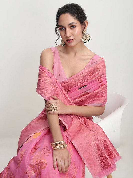Janasya Pink Linen Blend Floral Jacquard Grab2Buy 