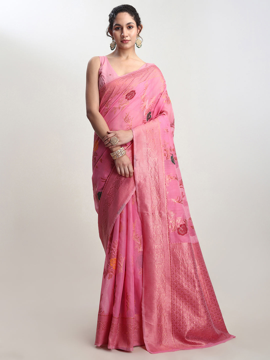 Janasya Pink Linen Blend Floral Jacquard Grab2Buy 