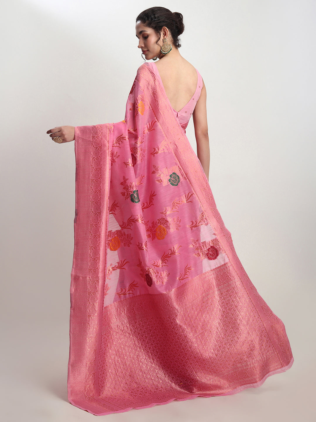 Janasya Pink Linen Blend Floral Jacquard Grab2Buy 