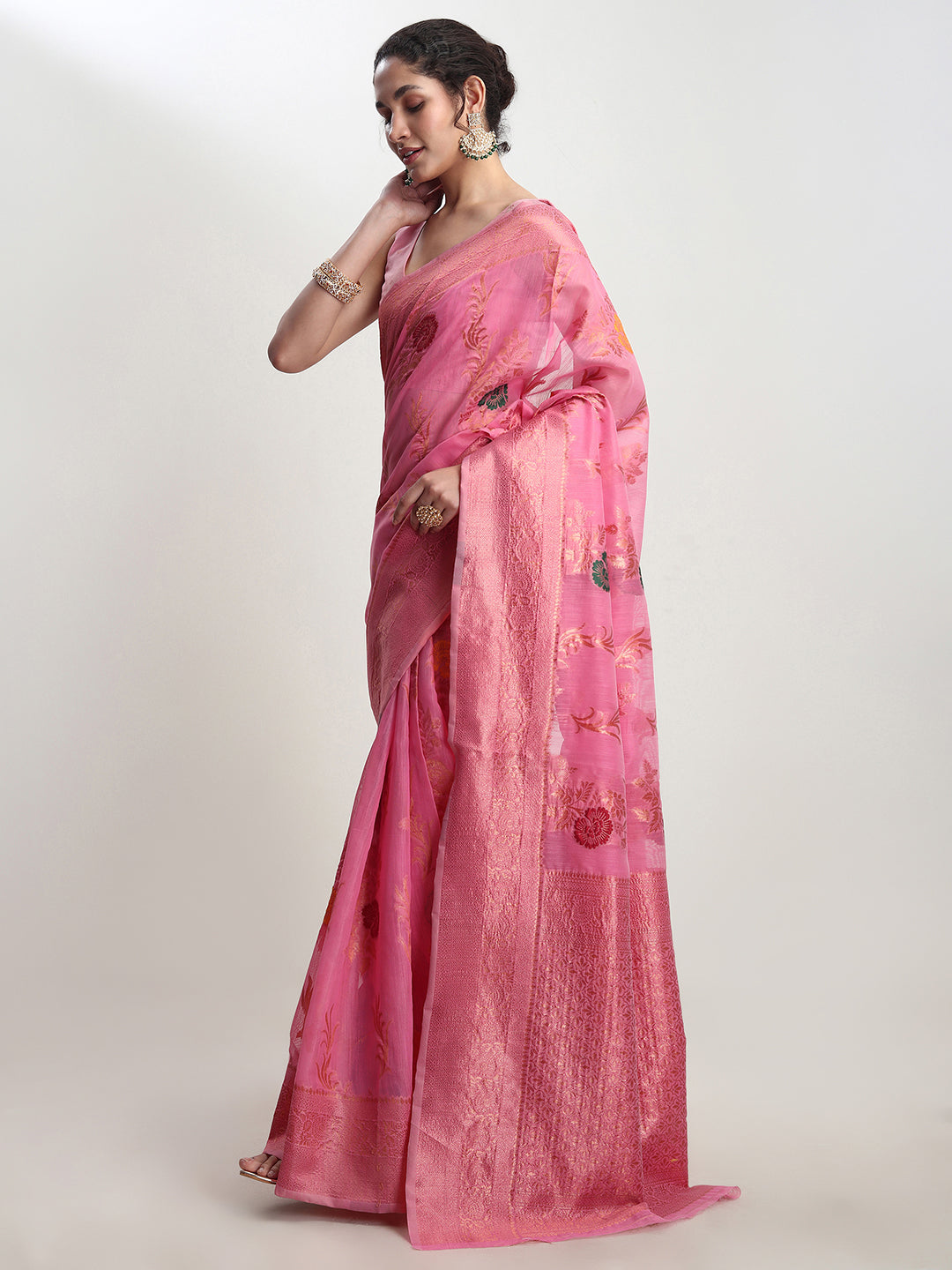 Janasya Pink Linen Blend Floral Jacquard Grab2Buy 