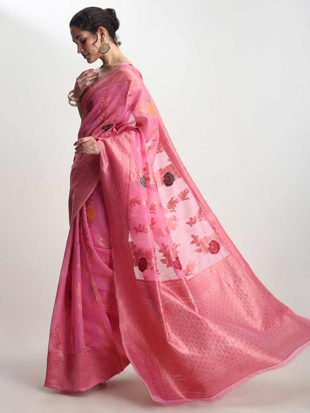 Janasya Pink Linen Blend Floral Jacquard Grab2Buy 
