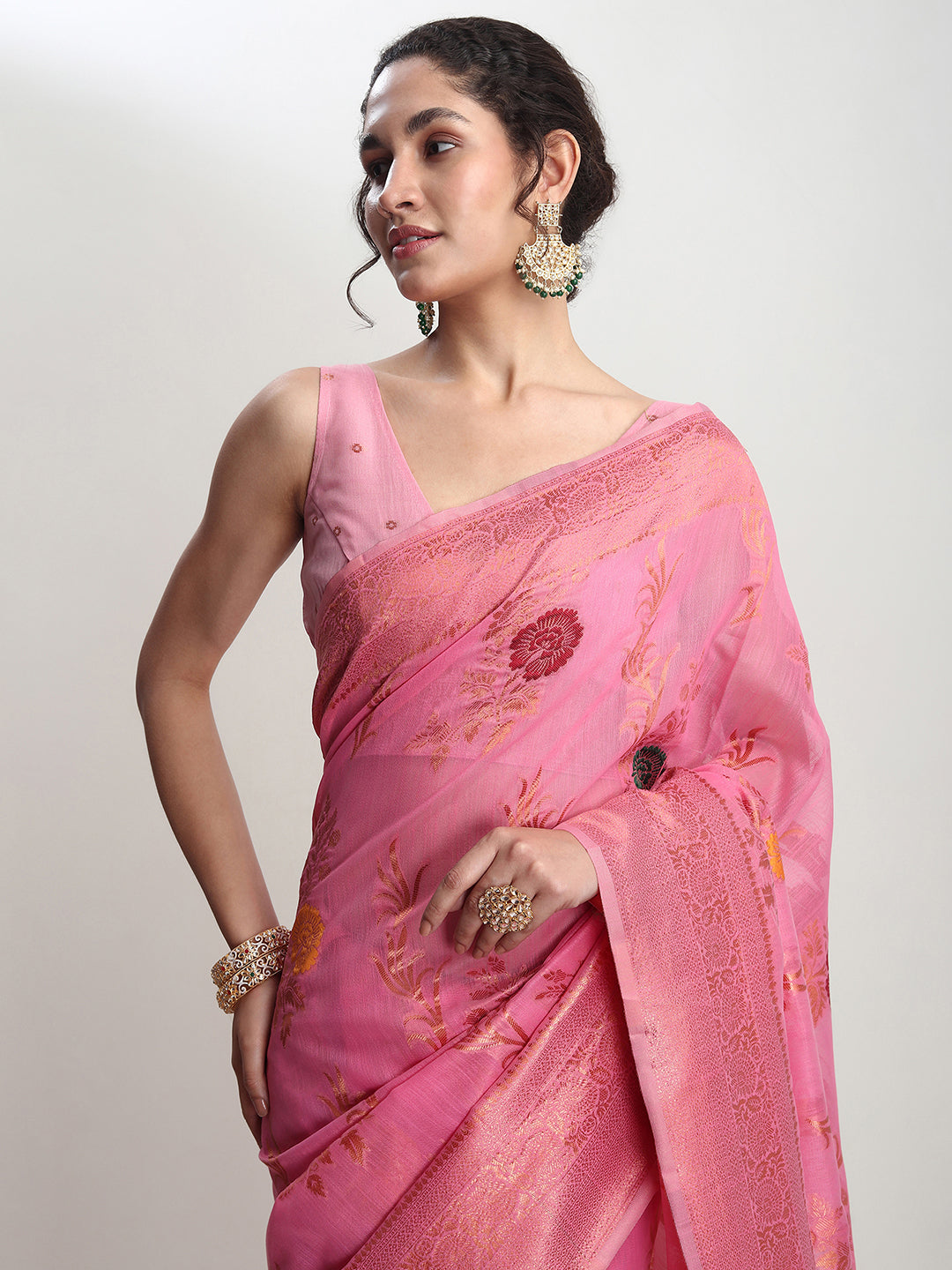 Janasya Pink Linen Blend Floral Jacquard Grab2Buy 