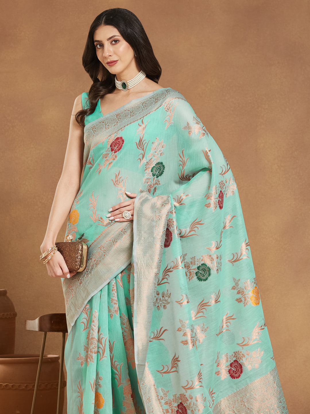 Janasya Sea Blue Linen Blend Floral Jacquard Grab2Buy 