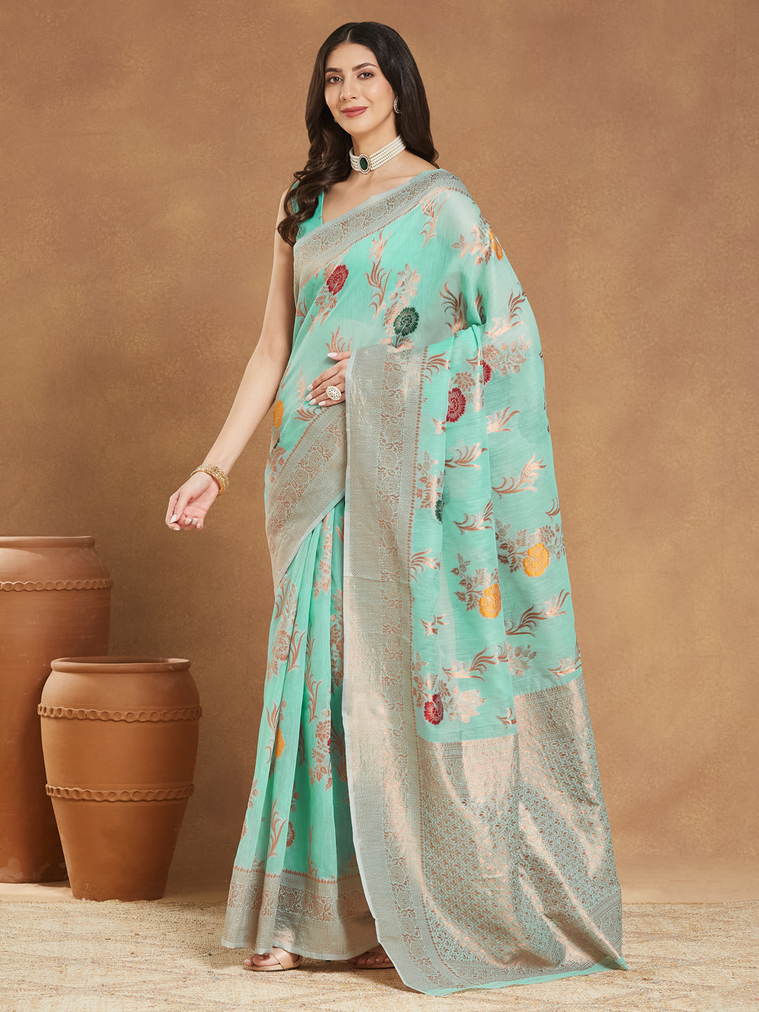 Janasya Sea Blue Linen Blend Floral Jacquard Grab2Buy 