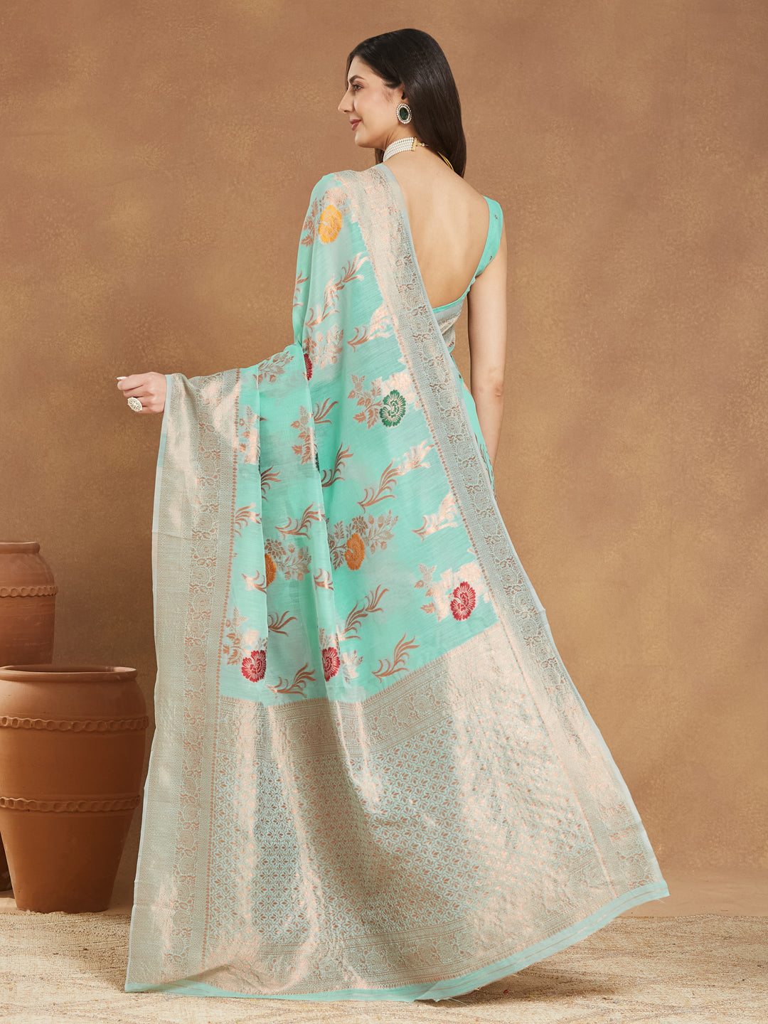 Janasya Sea Blue Linen Blend Floral Jacquard Grab2Buy 