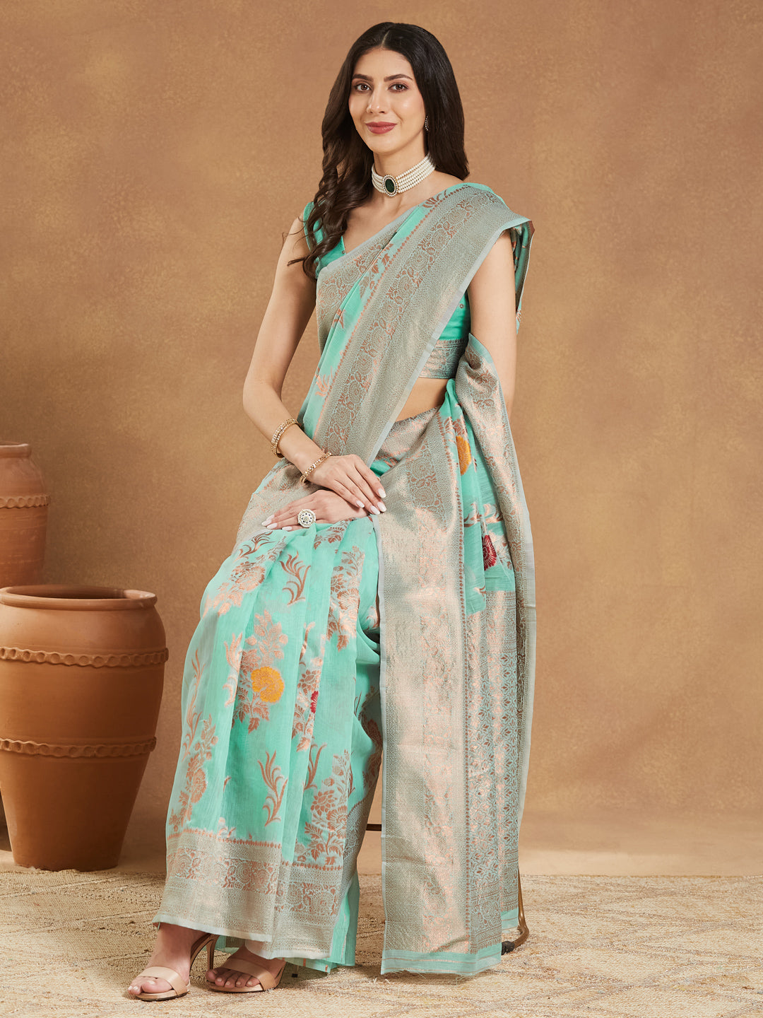 Janasya Sea Blue Linen Blend Floral Jacquard Grab2Buy 