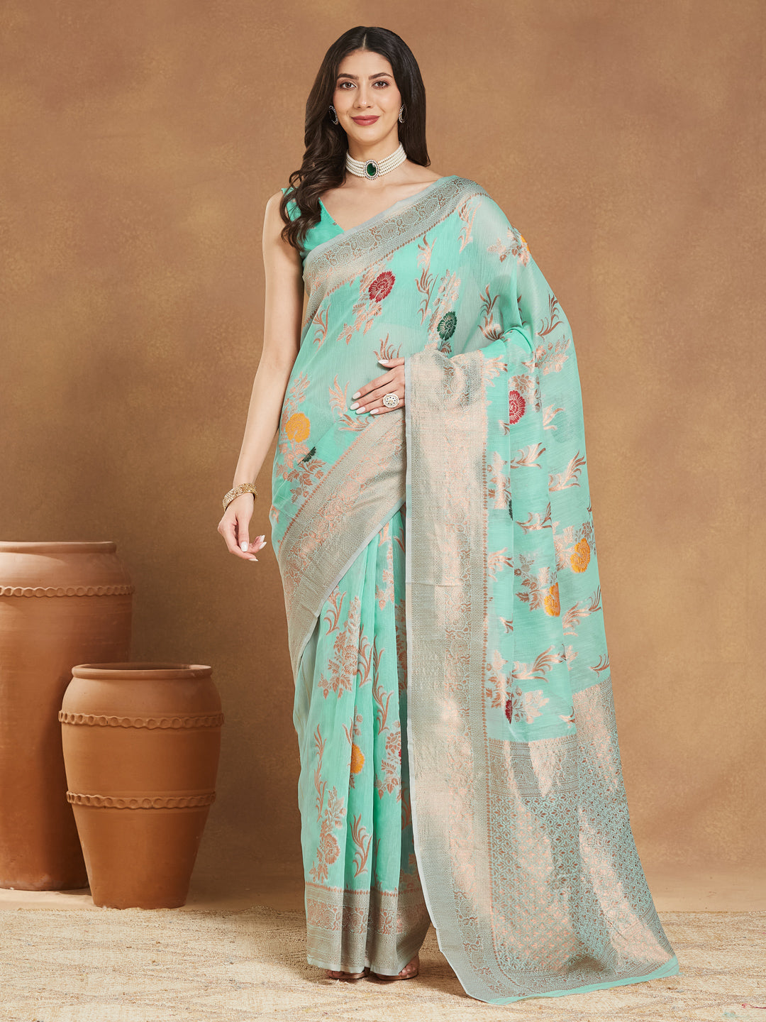Janasya Sea Blue Linen Blend Floral Jacquard Grab2Buy 