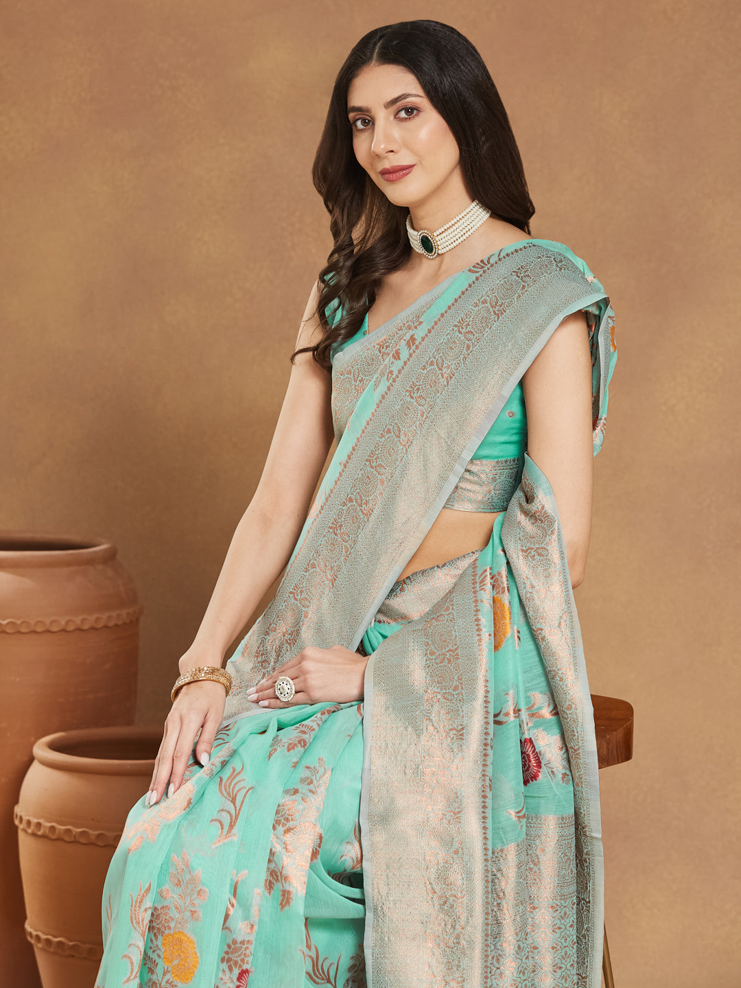 Janasya Sea Blue Linen Blend Floral Jacquard Grab2Buy 