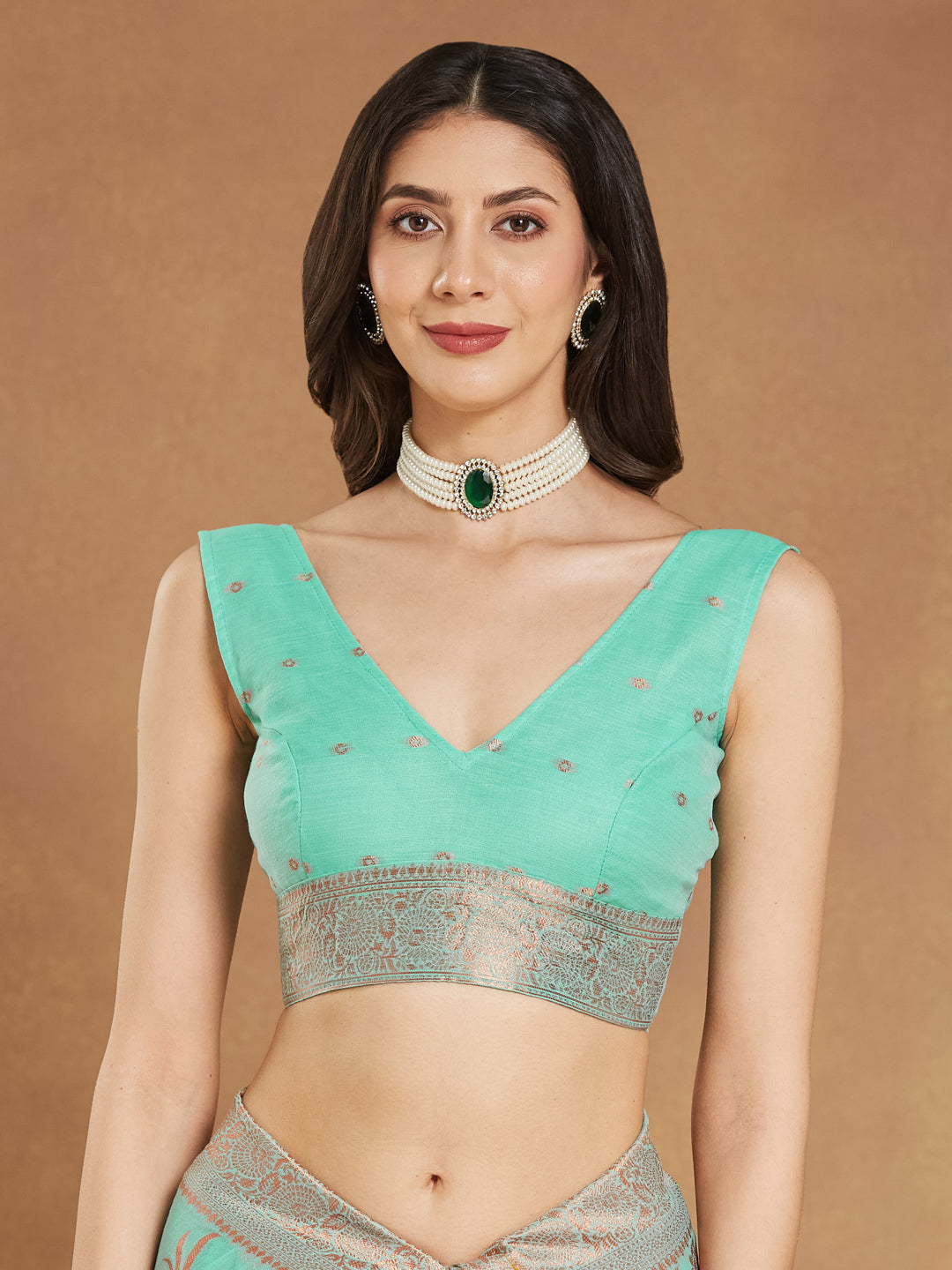 Janasya Sea Blue Linen Blend Floral Jacquard Grab2Buy 