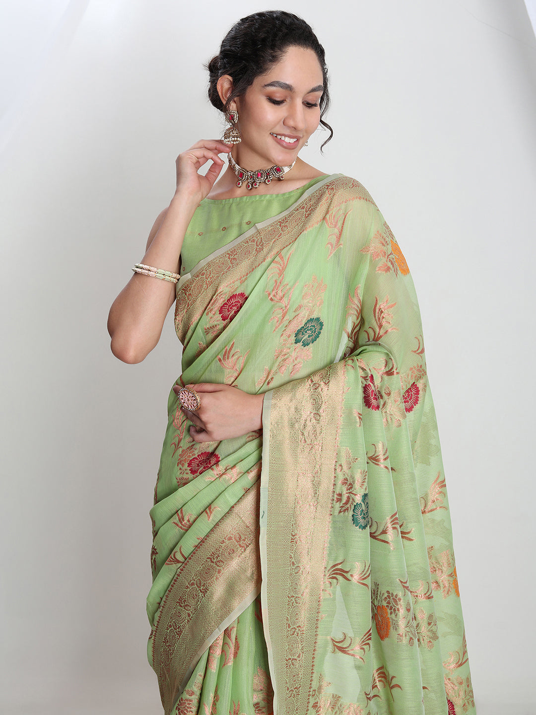 Janasya Light Green Linen Blend Floral Jacquard Grab2Buy 