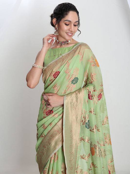 Janasya Light Green Linen Blend Floral Jacquard Grab2Buy 