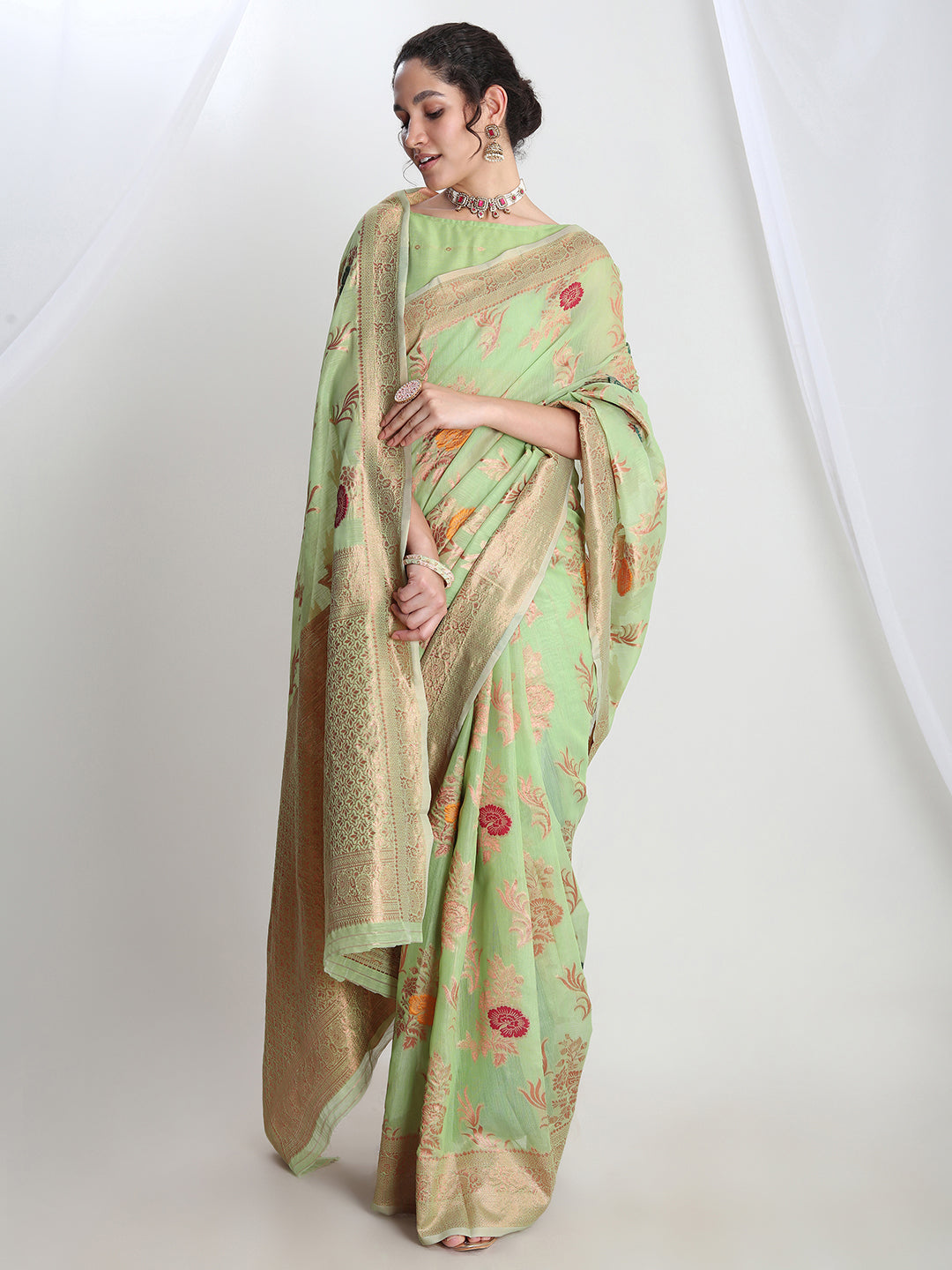 Janasya Light Green Linen Blend Floral Jacquard Grab2Buy 