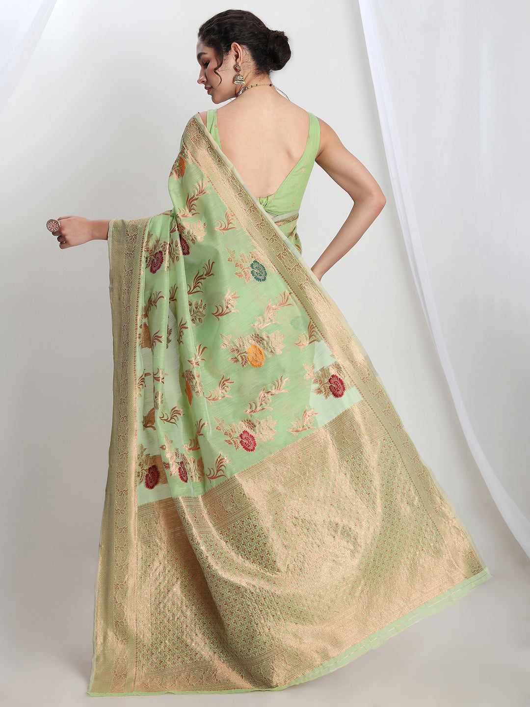 Janasya Light Green Linen Blend Floral Jacquard Grab2Buy 