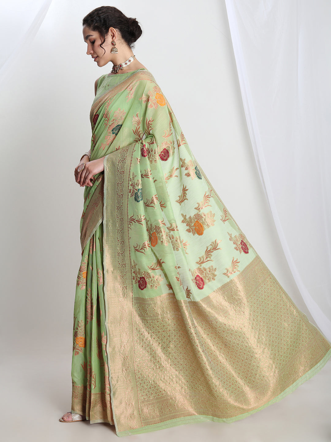 Janasya Light Green Linen Blend Floral Jacquard Grab2Buy 