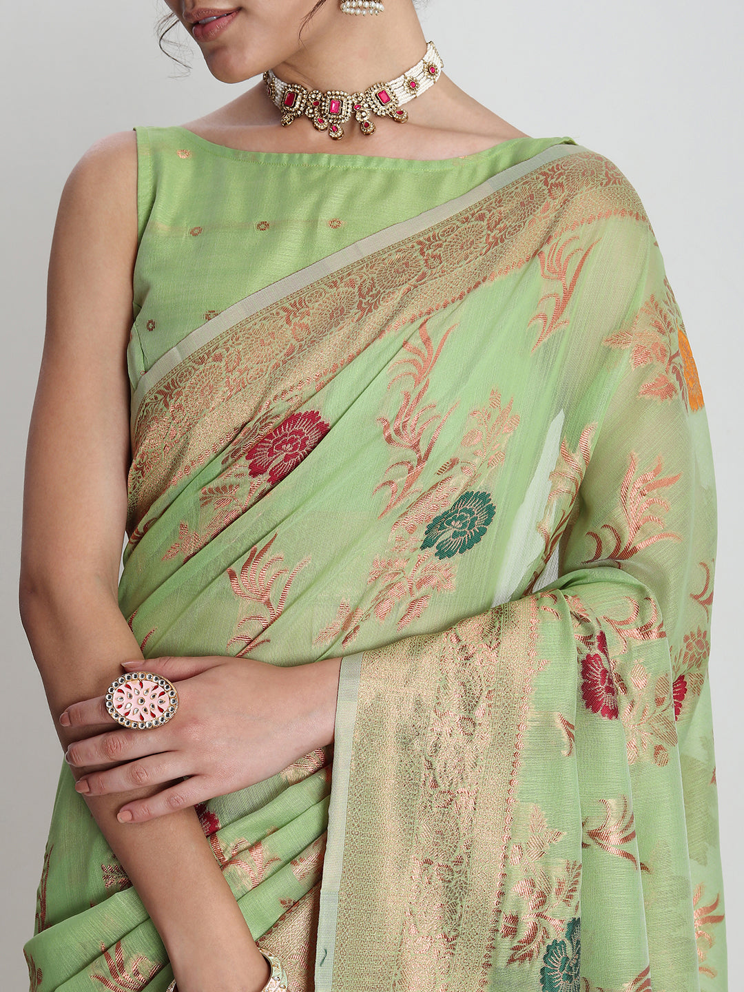 Janasya Light Green Linen Blend Floral Jacquard Grab2Buy 