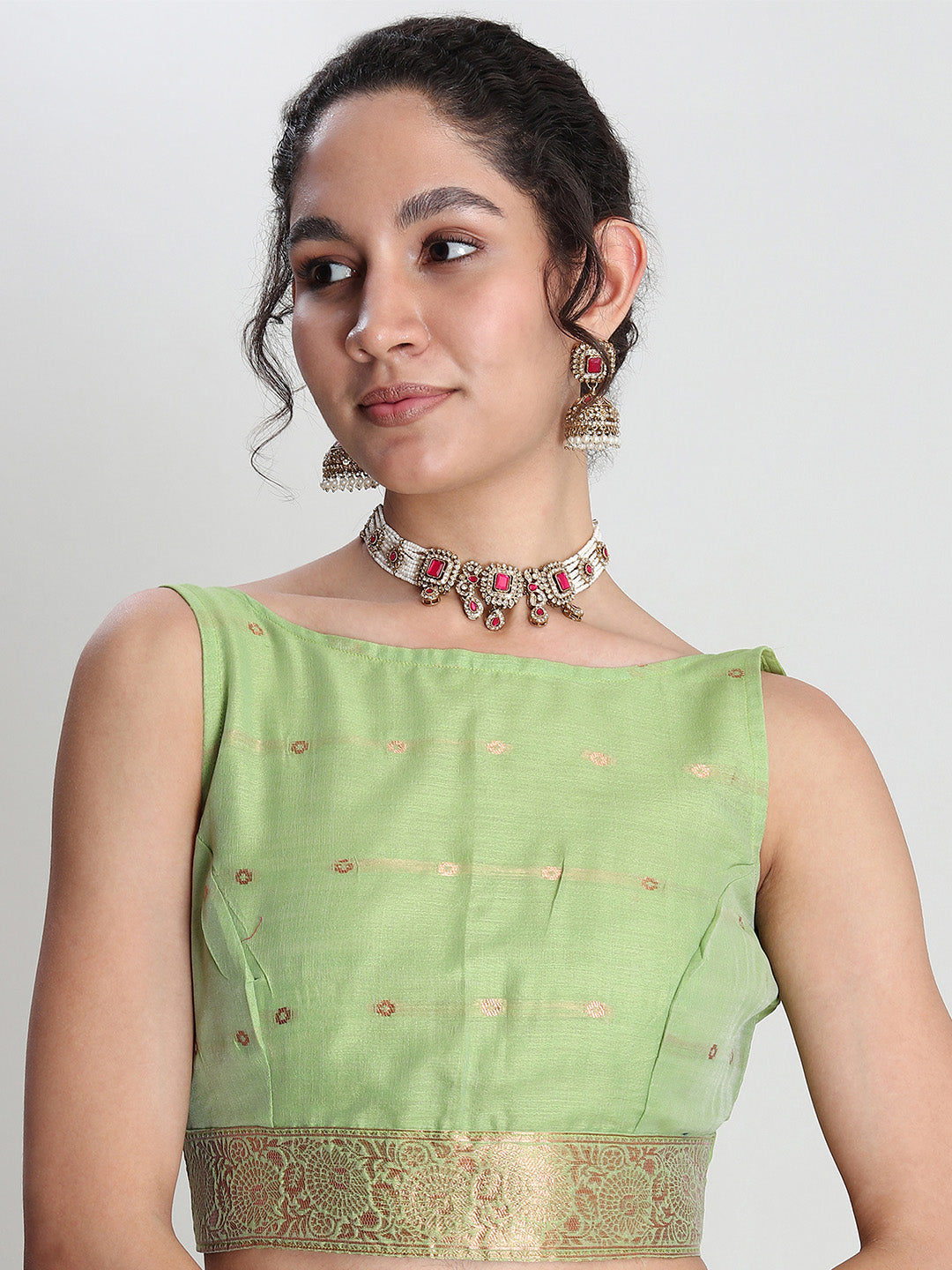 Janasya Light Green Linen Blend Floral Jacquard Grab2Buy 