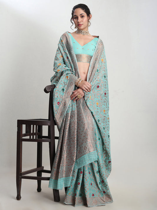 Janasya Sea Green Linen Blend Floral Jacquard Grab2Buy