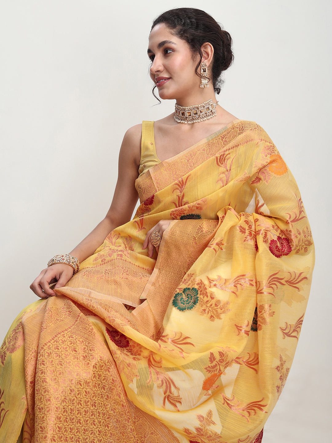 Janasya Yellow Linen Blend Floral Jacquard Grab2Buy 