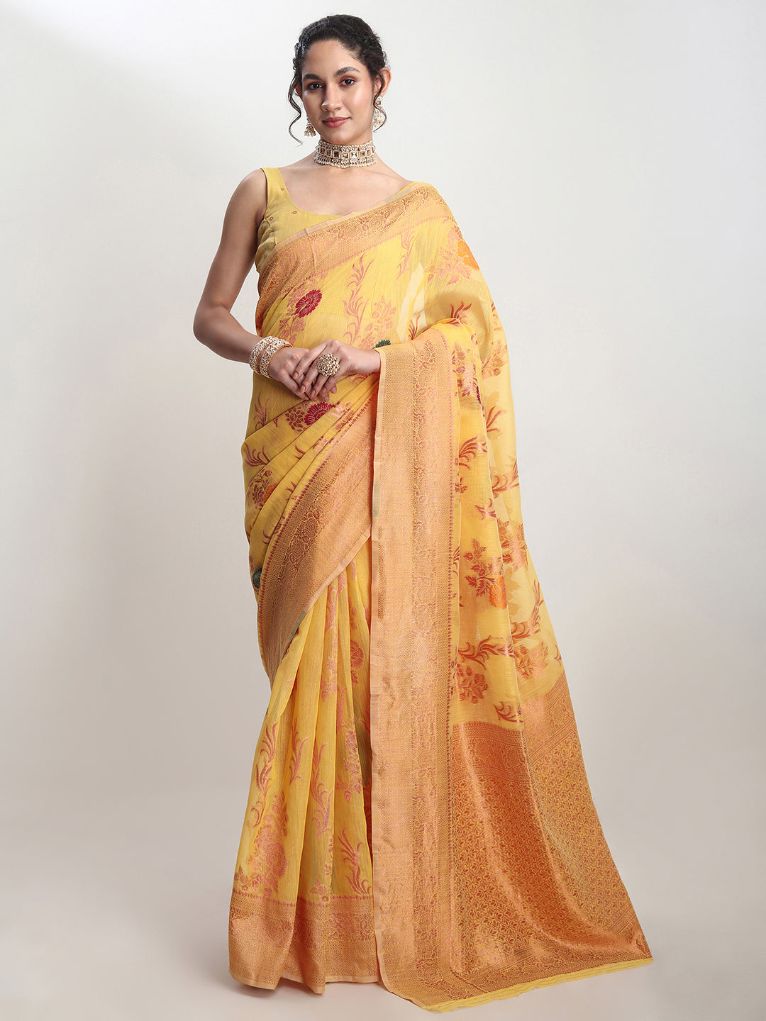 Janasya Yellow Linen Blend Floral Jacquard Grab2Buy 