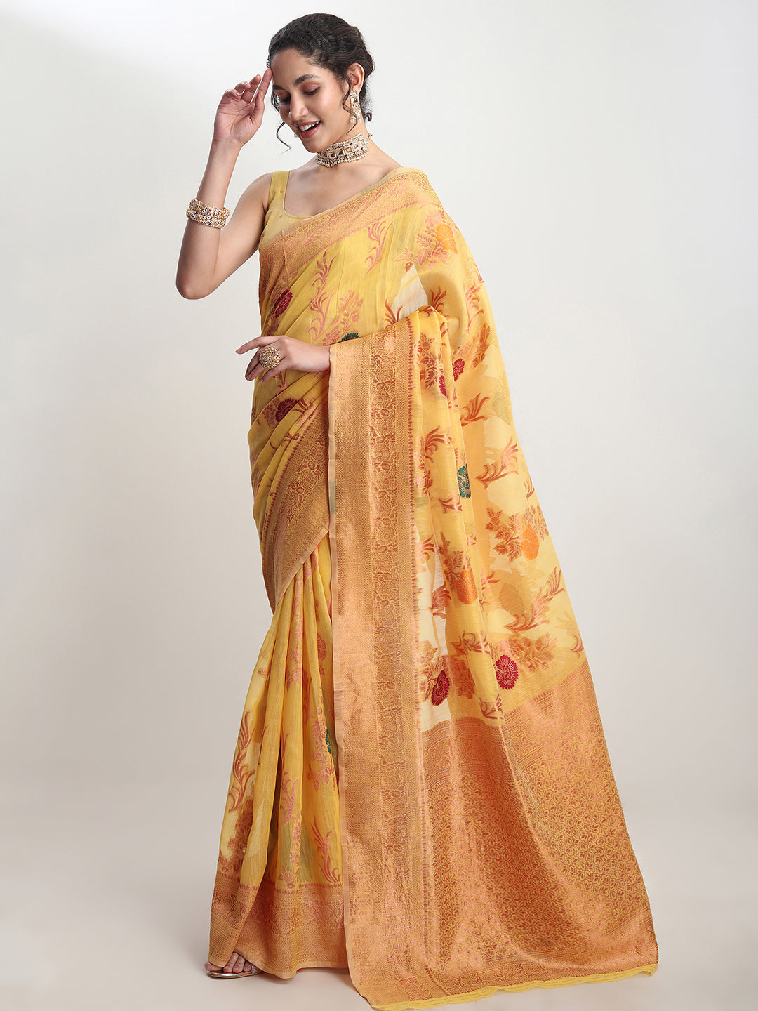 Janasya Yellow Linen Blend Floral Jacquard Grab2Buy 