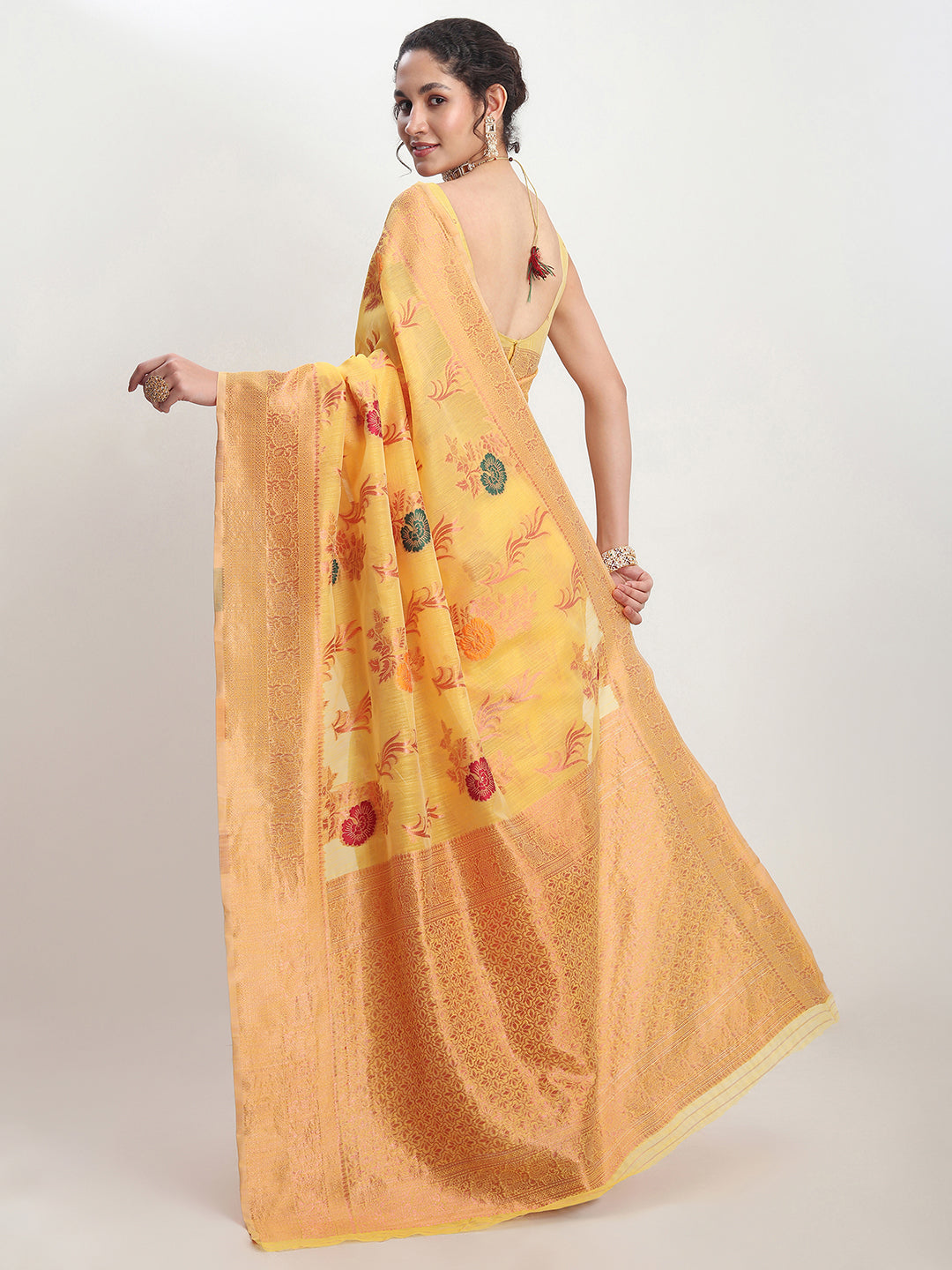 Janasya Yellow Linen Blend Floral Jacquard Grab2Buy 