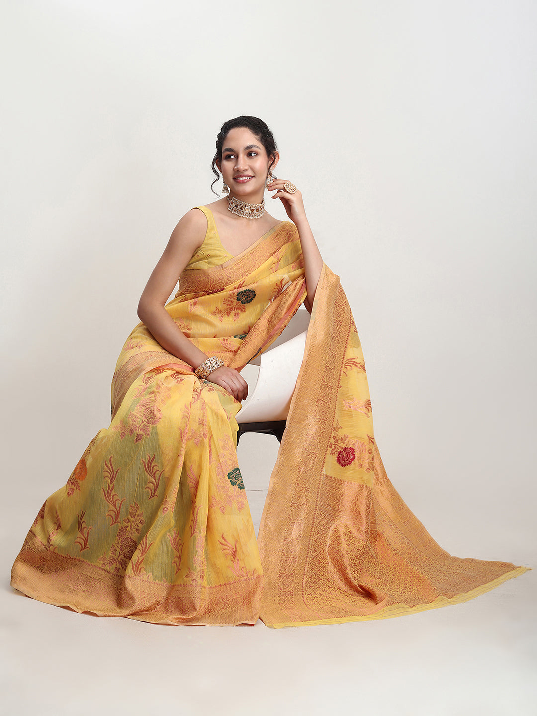 Janasya Yellow Linen Blend Floral Jacquard Grab2Buy 